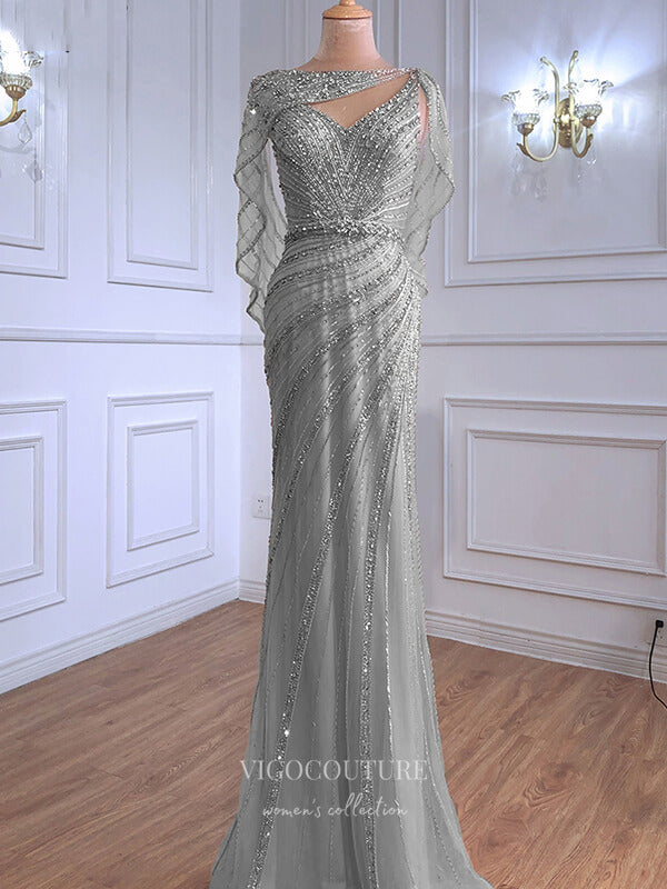 Prom Dress 2025 Beaded Cape Sleeve Prom Dresses Mermaid Evening Dresses 21315-unique elegant Prom Dresses-Grey-US2-vigocouture