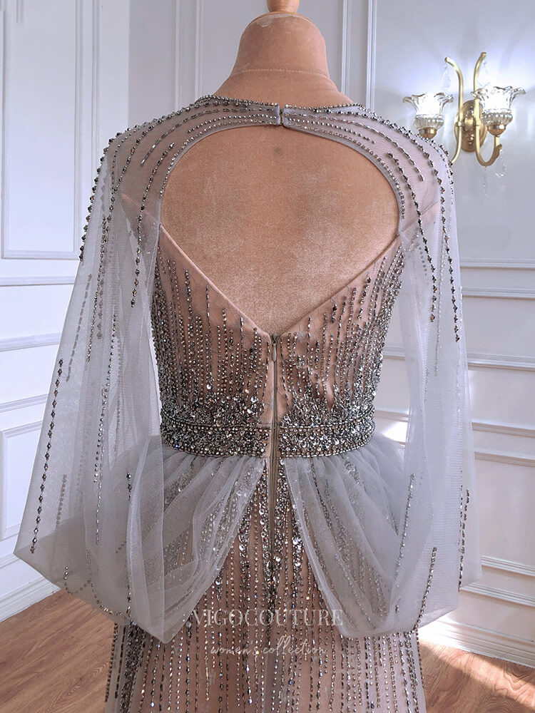 Prom Dress 2025 Beaded Cape Sleeve Prom Dresses Plunging V-Neck Evening Dresses 21301-unique elegant Prom Dresses-Silver-US2-vigocouture