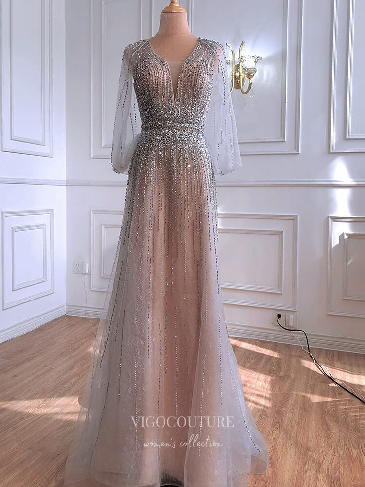 Prom Dress 2025 Beaded Cape Sleeve Prom Dresses Plunging V-Neck Evening Dresses 21301-unique elegant Prom Dresses-Silver-US2-vigocouture