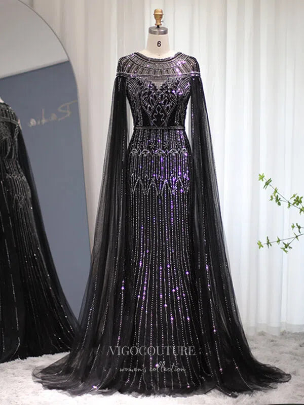 Prom Dress 2025 Beaded Cape Sleeve Prom Dresses Sheath 1920s Mother of the Bride Dresses 22130-unique elegant Prom Dresses-Black-US2-vigocouture