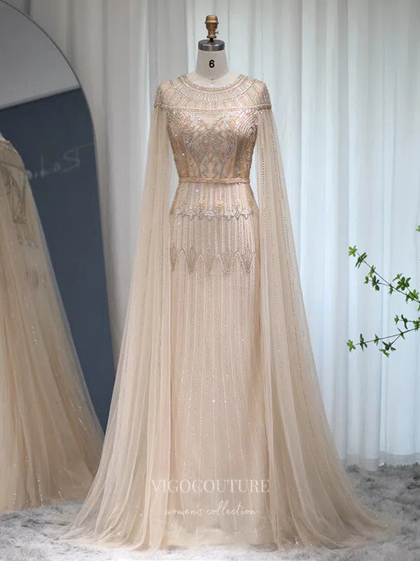 Prom Dress 2025 Beaded Cape Sleeve Prom Dresses Sheath 1920s Mother of the Bride Dresses 22130-unique elegant Prom Dresses-Champagne-US2-vigocouture