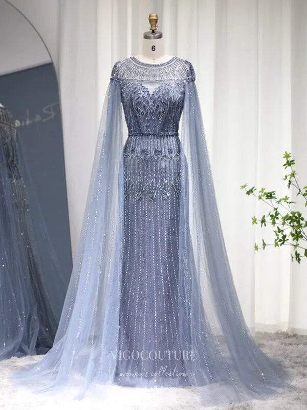 Prom Dress 2025 Beaded Cape Sleeve Prom Dresses Sheath 1920s Mother of the Bride Dresses 22130-unique elegant Prom Dresses-Dusty Blue-US2-vigocouture