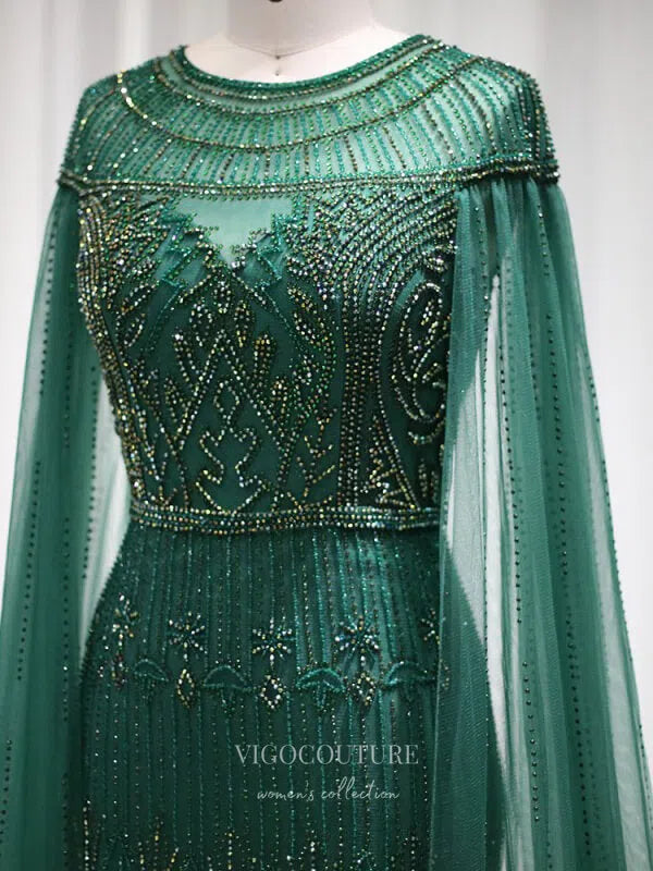 Prom Dress 2025 Beaded Cape Sleeve Prom Dresses Sheath 1920s Mother of the Bride Dresses 22130-unique elegant Prom Dresses-Green-US2-vigocouture