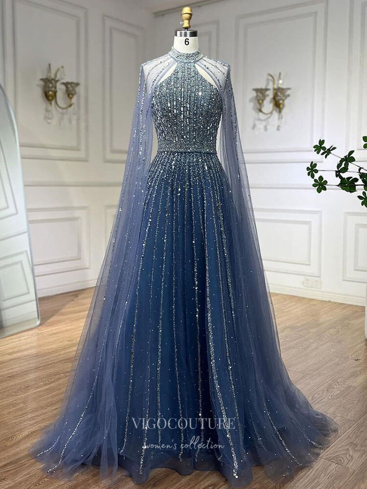 Beaded Cape Sleeve Prom Dresses Sparkly High Neck Pageant Dress 24526 – vigocouture