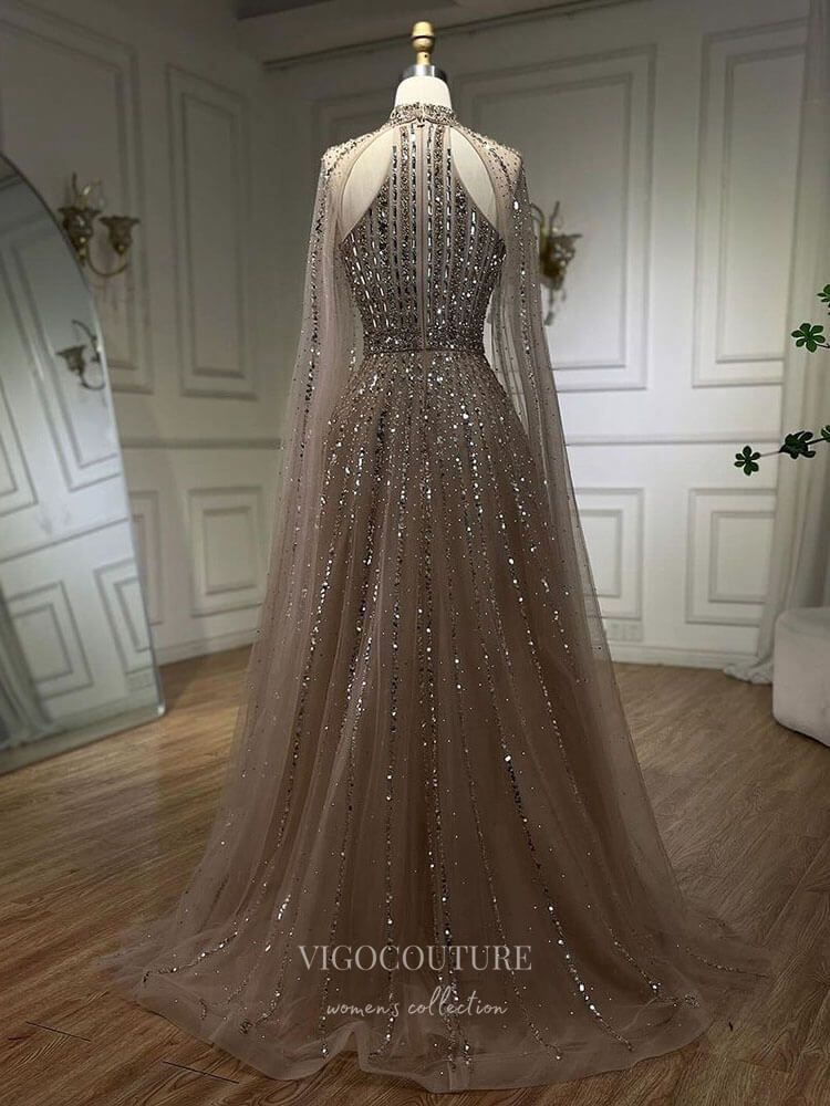 Prom Dress 2025 Beaded Cape Sleeve Prom Dresses Sparkly High Neck Pageant Dress 24526-unique elegant Prom Dresses-Red-US2-vigocouture