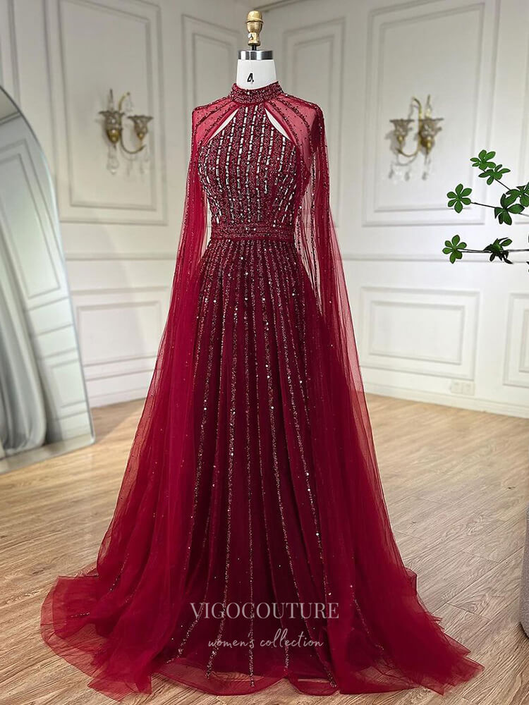 red prom dress with cape Beautiful Red Tulle Long Prom Dress with Sequin Cape - $155.988 #P74001