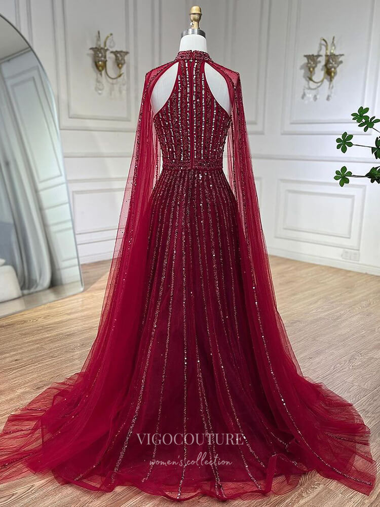 Prom Dress 2025 Beaded Cape Sleeve Prom Dresses Sparkly High Neck Pageant Dress 24526-unique elegant Prom Dresses-Red-US2-vigocouture