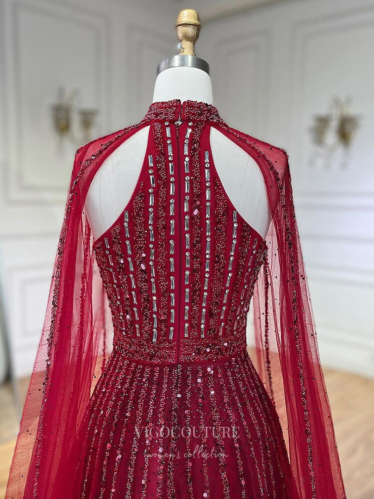 Prom Dress 2025 Beaded Cape Sleeve Prom Dresses Sparkly High Neck Pageant Dress 24526-unique elegant Prom Dresses-Red-US2-vigocouture