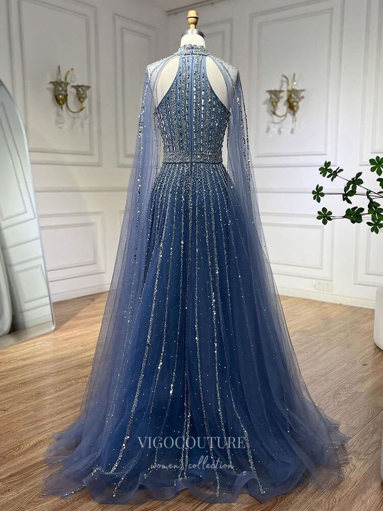 Beaded Cape Sleeve Prom Dresses Sparkly High Neck Pageant Dress 24526 vigocouture Beaded Cape Sleeve Prom Dresses Sparkly High Neck Pageant Dress 24526 vigocouture