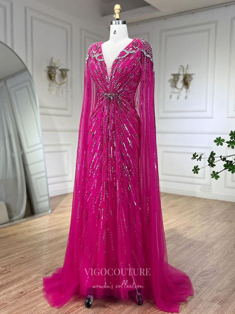 Prom Dress 2025 Beaded Cape Sleeve Sheath Prom Dresses V-Neck Pageant Dress 24534-unique elegant Prom Dresses-Green-US2-vigocouture