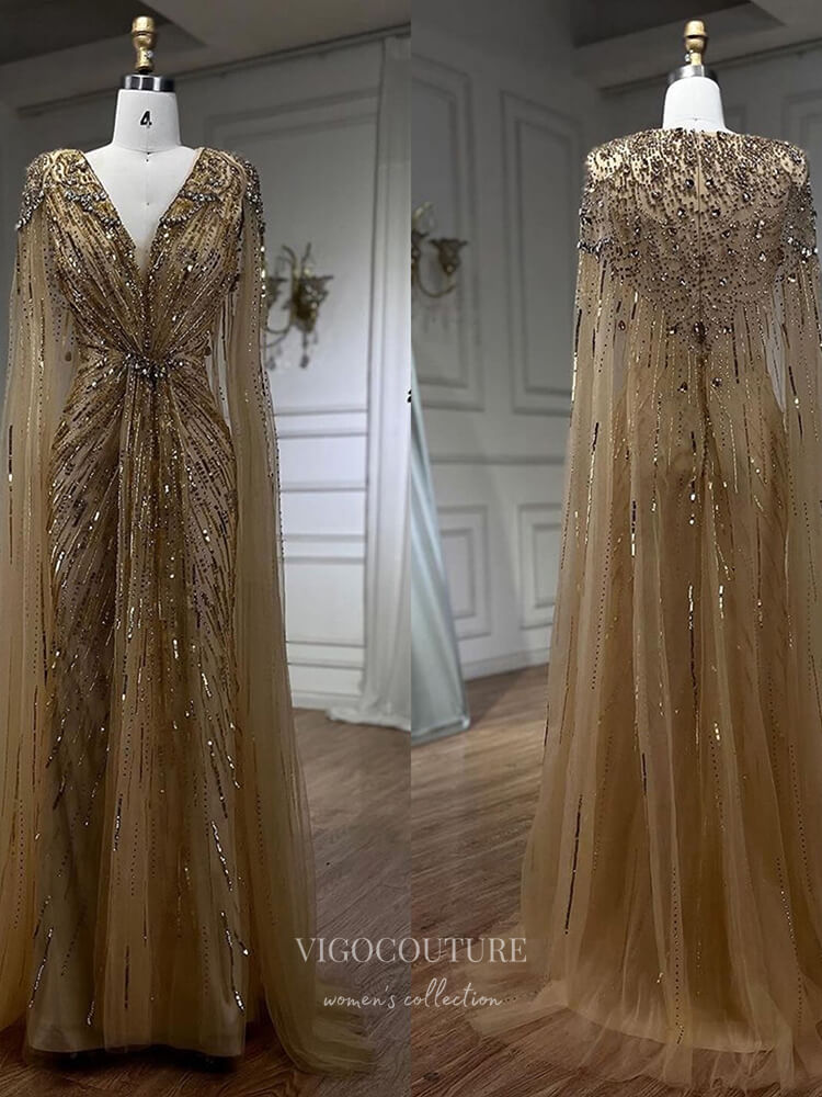 Prom Dress 2025 Beaded Cape Sleeve Sheath Prom Dresses V-Neck Pageant Dress 24534-unique elegant Prom Dresses-Green-US2-vigocouture