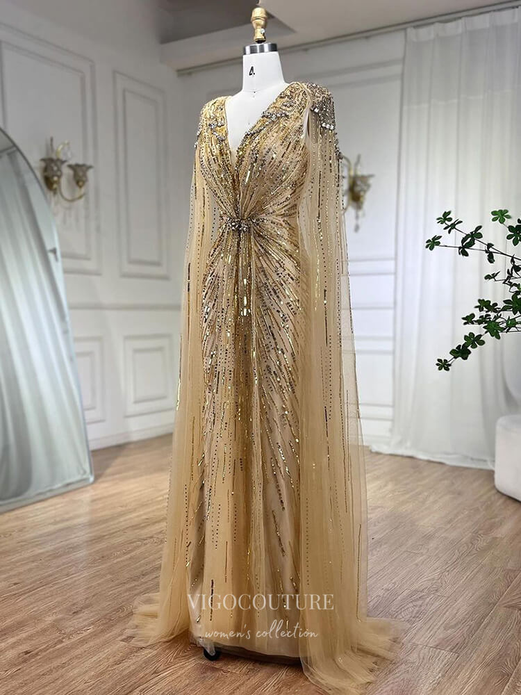 Prom Dress 2025 Beaded Cape Sleeve Sheath Prom Dresses V-Neck Pageant Dress 24534-unique elegant Prom Dresses-Green-US2-vigocouture