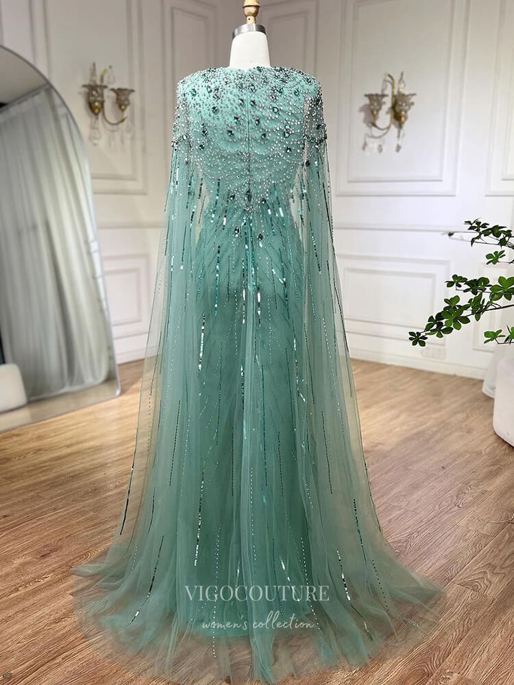 Prom Dress 2025 Beaded Cape Sleeve Sheath Prom Dresses V-Neck Pageant Dress 24534-unique elegant Prom Dresses-Green-US2-vigocouture