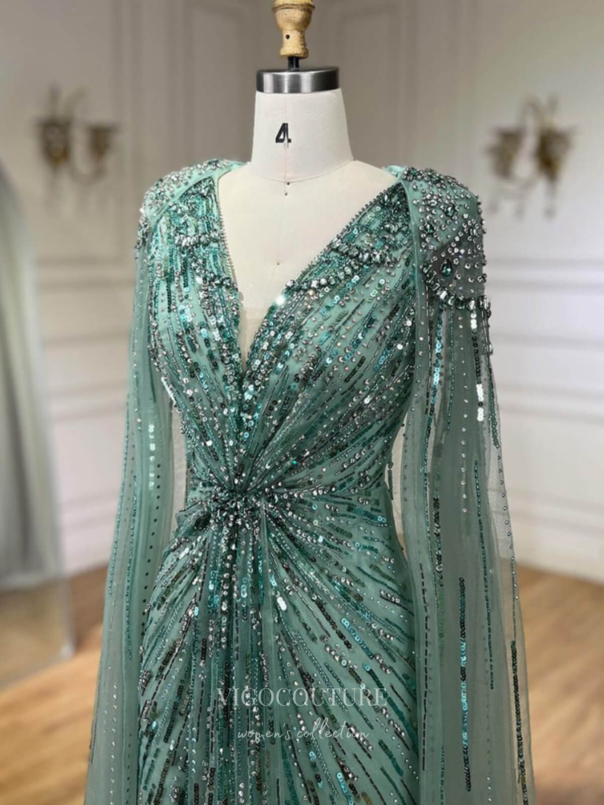 Prom Dress 2025 Beaded Cape Sleeve Sheath Prom Dresses V-Neck Pageant Dress 24534-unique elegant Prom Dresses-Green-US2-vigocouture