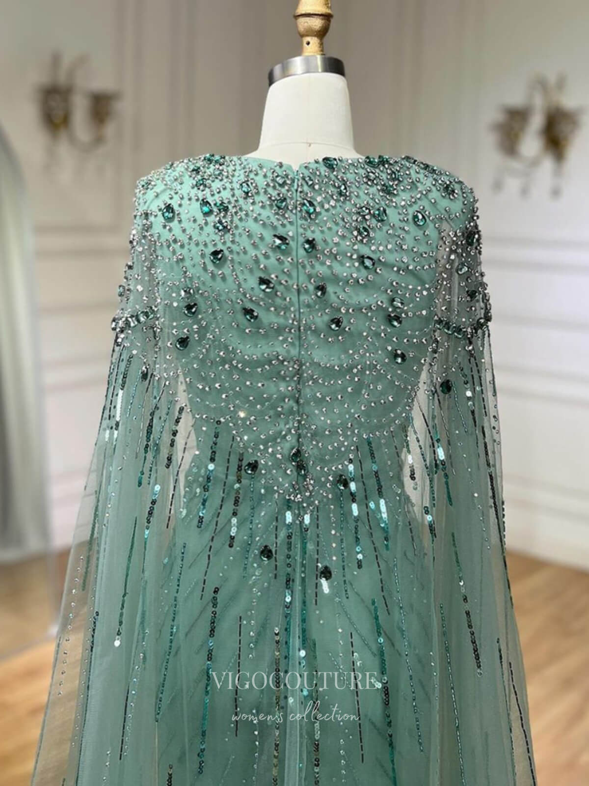 Prom Dress 2025 Beaded Cape Sleeve Sheath Prom Dresses V-Neck Pageant Dress 24534-unique elegant Prom Dresses-Green-US2-vigocouture