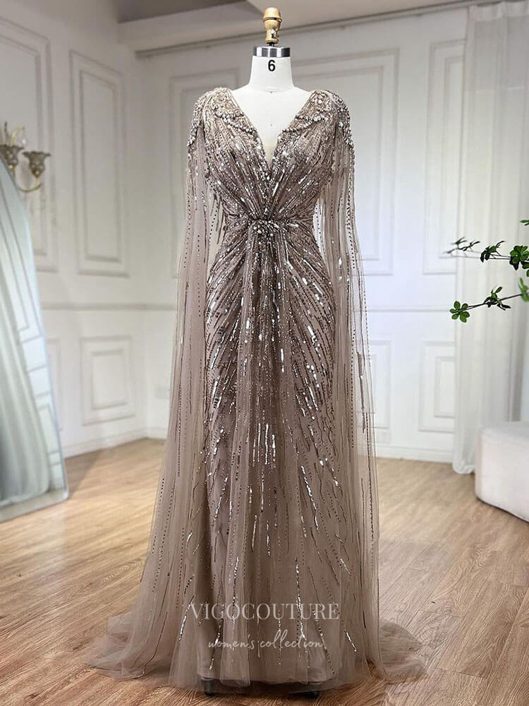 Prom Dress 2025 Beaded Cape Sleeve Sheath Prom Dresses V-Neck Pageant Dress 24534-unique elegant Prom Dresses-Khaki-US2-vigocouture