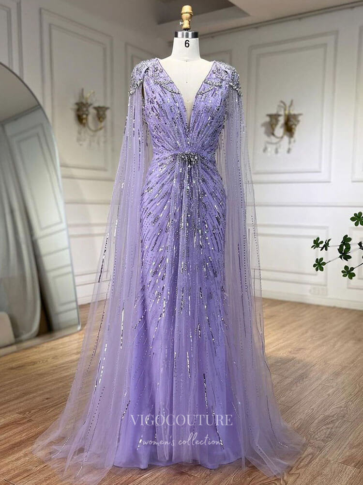 Prom Dress 2025 Beaded Cape Sleeve Sheath Prom Dresses V-Neck Pageant Dress 24534-unique elegant Prom Dresses-Lavender-US2-vigocouture