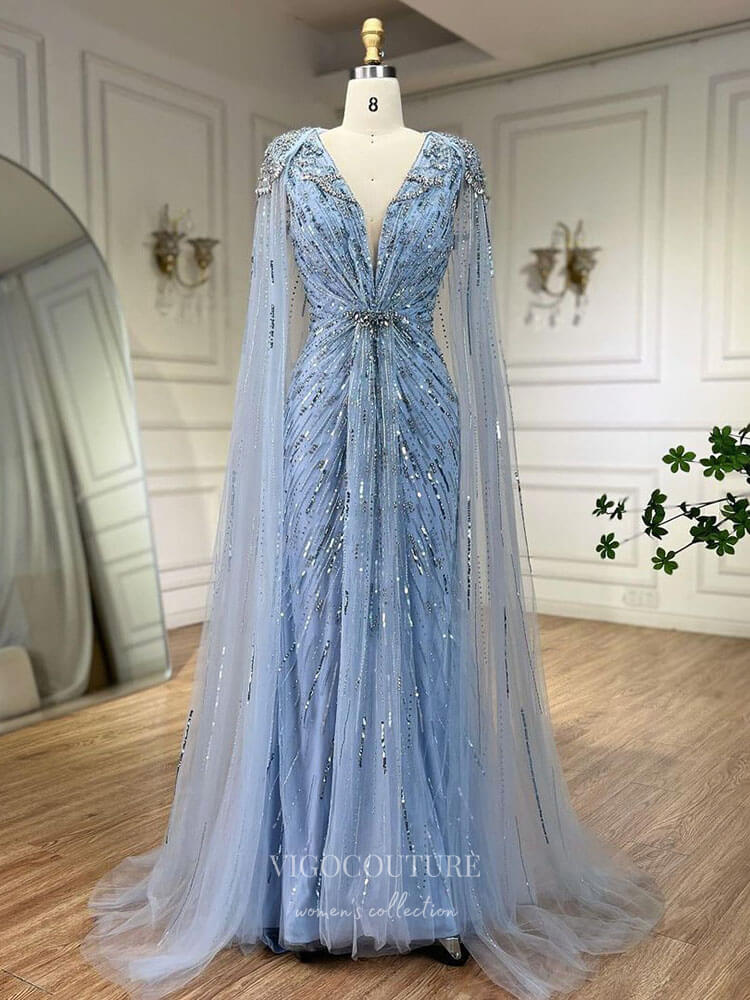 Prom Dress 2025 Beaded Cape Sleeve Sheath Prom Dresses V-Neck Pageant Dress 24534-unique elegant Prom Dresses-Light Blue-US2-vigocouture