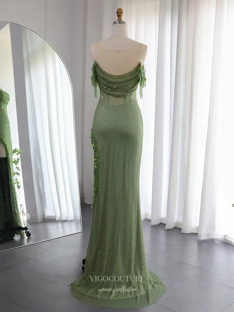 Cold Shoulder Beaded Gown with High Slit Style 25344 Green / 12 Cold Shoulder Beaded Gown with High Slit Style 25344 Green / 12