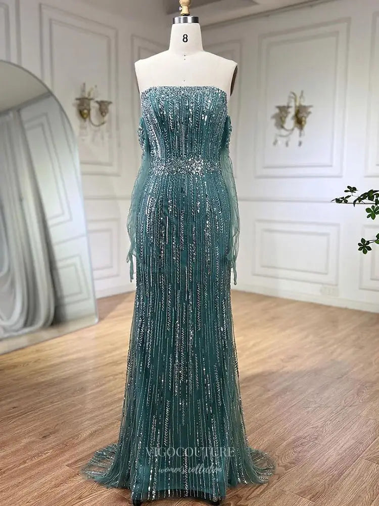 Prom Dresses 2025 to impress Beaded Evening Gown with Removable Sheer Sleeves and Off-Shoulder Design - Style 25322-vigocouture-Green-2-vigocouture