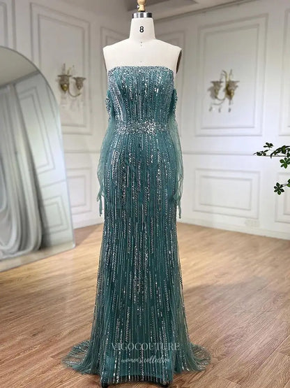 Prom Dresses 2025 to impress Beaded Evening Gown with Removable Sheer Sleeves and Off-Shoulder Design - Style 25322-vigocouture-Green-2-vigocouture