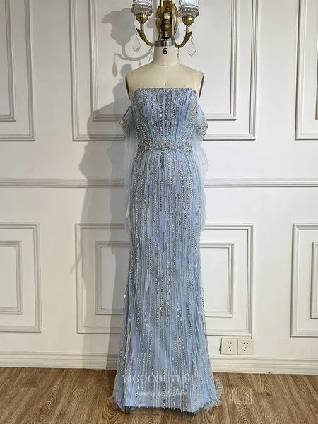 Beaded Evening Gown with Removable Sheer Sleeves & Off-Shoulder Design -  Style 25322