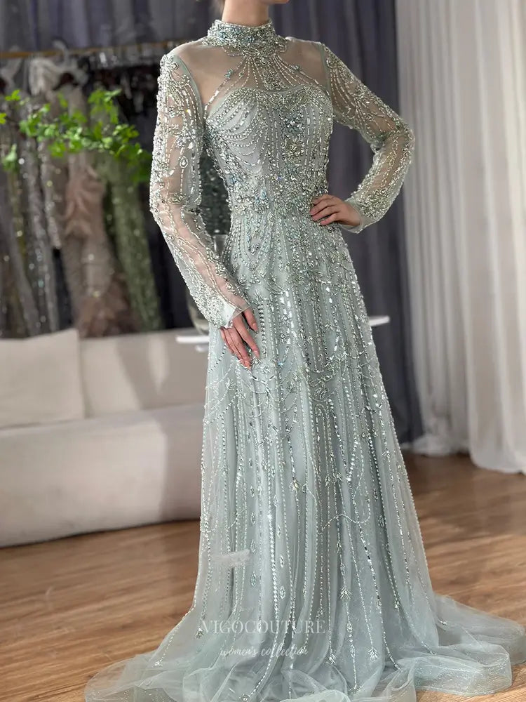 Beaded Evening Gown with Sheer Sleeves & High Neck Design - Style 25323