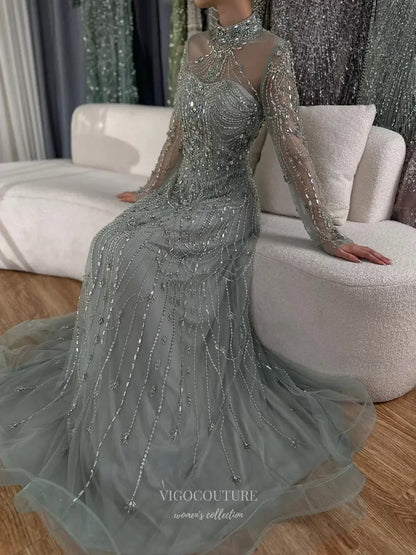 Prom Dresses 2025 to impress Beaded Evening Gown with Sheer Long Sleeves & High Neck Design - Style 25323-vigocouture-vigocouture