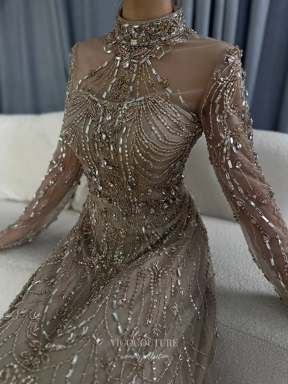 Prom Dresses 2025 to impress Beaded Evening Gown with Sheer Long Sleeves & High Neck Design - Style 25323-vigocouture-vigocouture