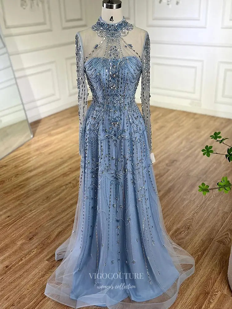 Prom Dresses 2025 to impress Beaded Evening Gown with Sheer Long Sleeves & High Neck Design - Style 25323-vigocouture-vigocouture