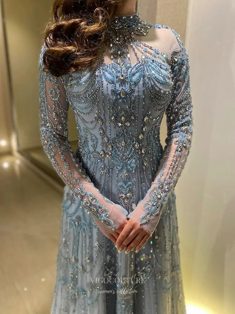 Prom Dresses 2025 to impress Beaded Evening Gown with Sheer Long Sleeves & High Neck Design - Style 25323-vigocouture-vigocouture