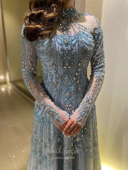 Prom Dresses 2025 to impress Beaded Evening Gown with Sheer Long Sleeves & High Neck Design - Style 25323-vigocouture-vigocouture