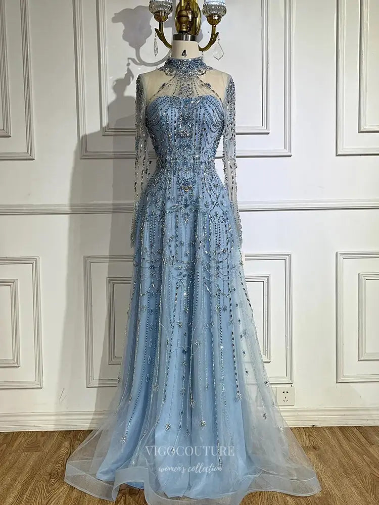 Prom Dresses 2025 to impress Beaded Evening Gown with Sheer Long Sleeves & High Neck Design - Style 25323-vigocouture-Blue-2-vigocouture