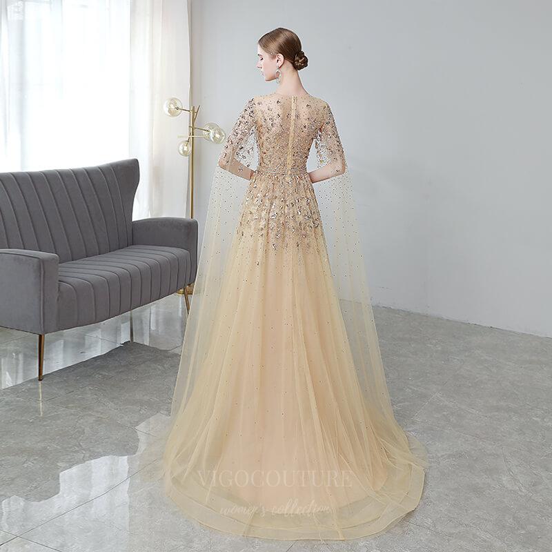 Prom Dress 2025 Beaded Extra Long Sleeve Prom Dress 20136-unique elegant Prom Dresses-Gold-US2-vigocouture