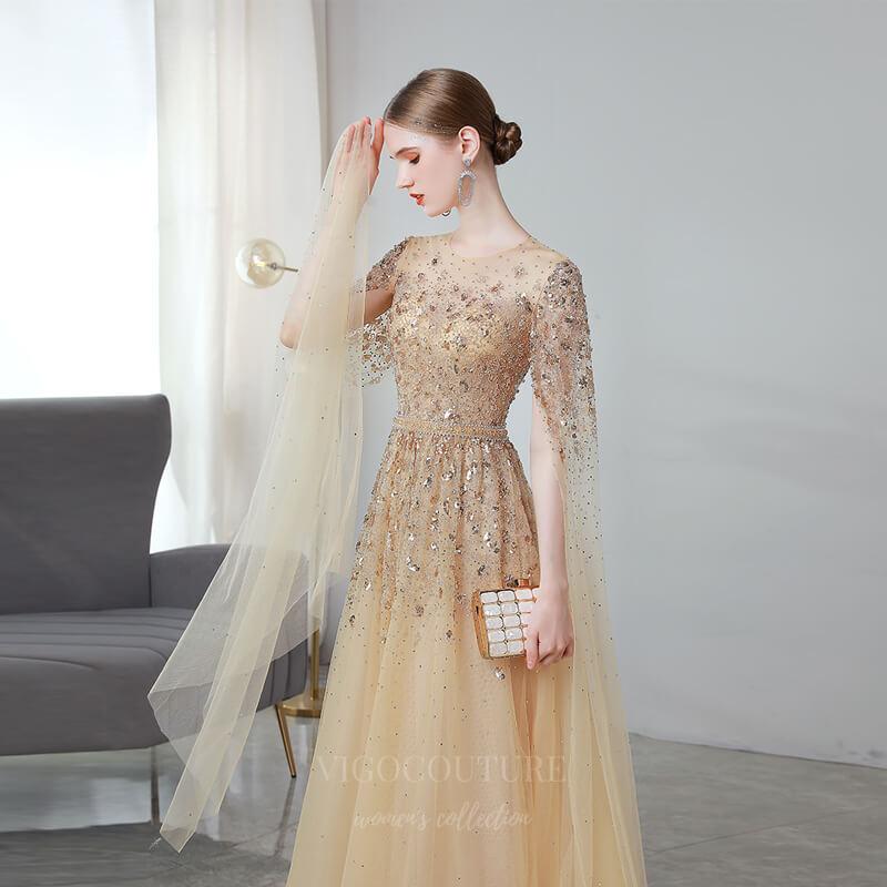 Prom Dress 2025 Beaded Extra Long Sleeve Prom Dress 20136-unique elegant Prom Dresses-Gold-US2-vigocouture