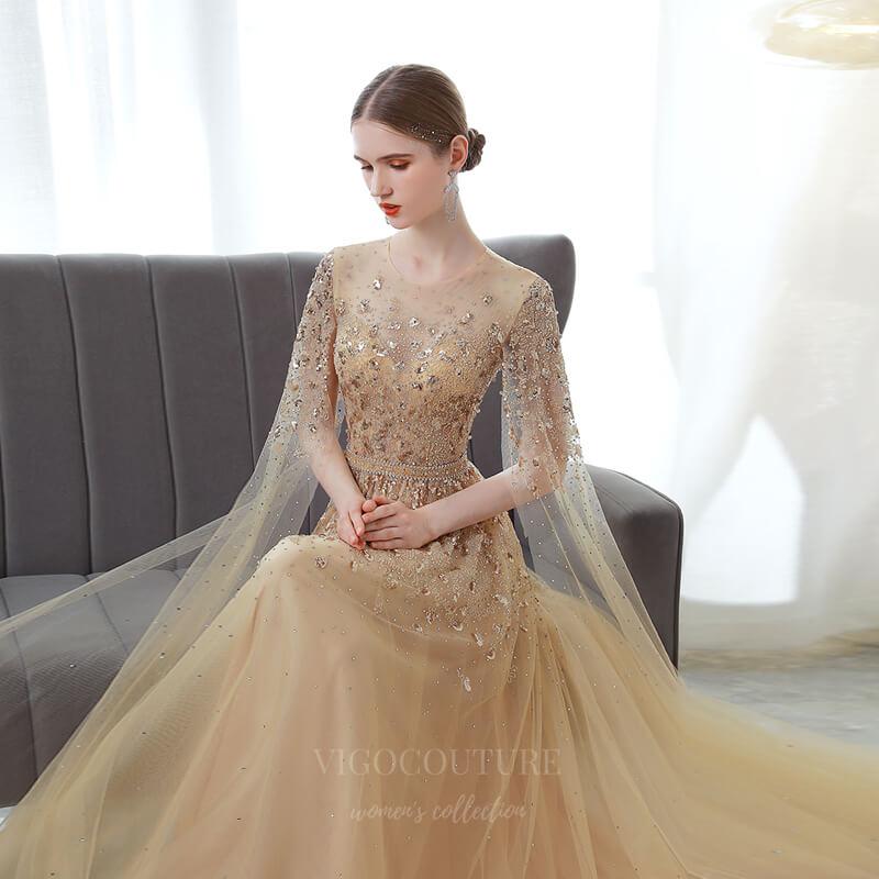 Prom Dress 2025 Beaded Extra Long Sleeve Prom Dress 20136-unique elegant Prom Dresses-Gold-US2-vigocouture