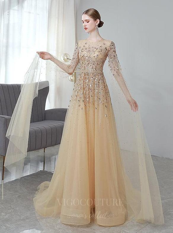 Prom Dress 2025 Beaded Extra Long Sleeve Prom Dress 20136-unique elegant Prom Dresses-Gold-US2-vigocouture