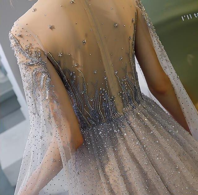 silver grey long sleeve prom dress Long Beaded Prom Dress with Long Sleeves Midnight / 6