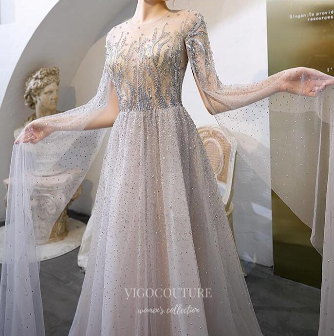 Prom Dress 2025 Beaded Extra Long Sleeve Prom Dress 20197-unique elegant Prom Dresses-Grey-US2-vigocouture