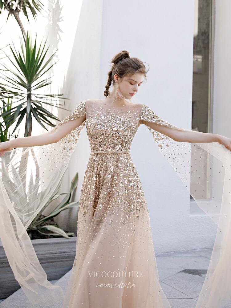 Prom Dress 2025 Beaded Extra Long Sleeve Prom Dress 20232-unique elegant Prom Dresses-Champagne-US2-vigocouture