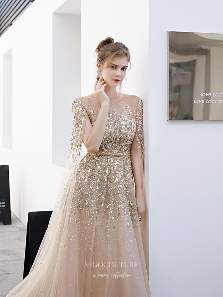 Prom Dress 2025 Beaded Extra Long Sleeve Prom Dress 20232-unique elegant Prom Dresses-Champagne-US2-vigocouture