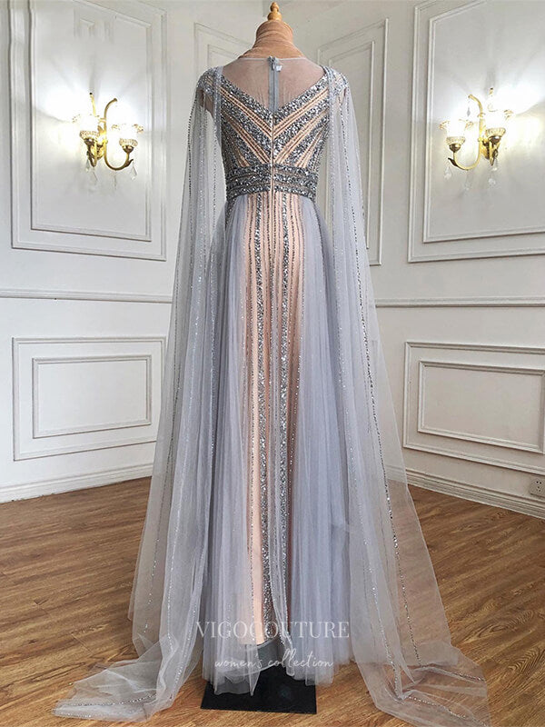 Prom Dress 2025 Beaded Extra Long Sleeve Prom Dresses Boat Neck Evening Dresses 21248-unique elegant Prom Dresses-Silver-US2-vigocouture