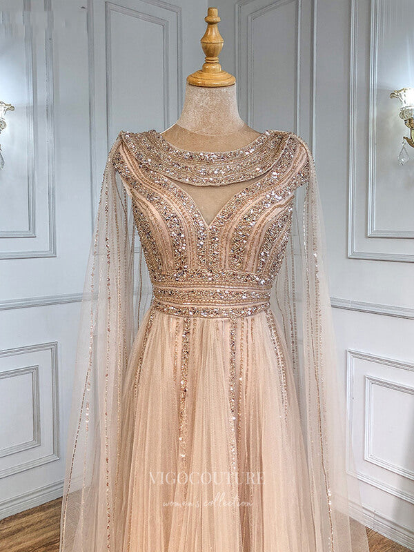 Beaded Extra Long Sleeve Prom Dresses Boat Neck Evening Dresses 21248 Champagne / Custom Size Beaded Extra Long Sleeve Prom Dresses Boat Neck Evening Dresses 21248 Champagne / Custom Size