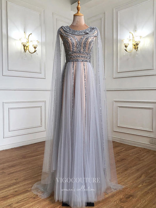 Prom Dress 2025 Beaded Extra Long Sleeve Prom Dresses Boat Neck Evening Dresses 21248-unique elegant Prom Dresses-Silver-US2-vigocouture