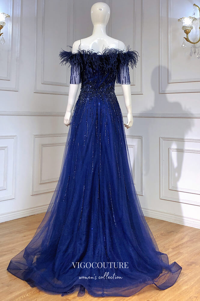 Beaded Feather Formal Dresses Short Sleeve Prom Dress 21622 vigocouture Beaded Feather Formal Dresses Short Sleeve Prom Dress 21622 vigocouture