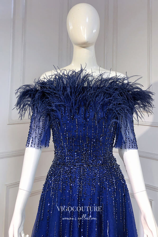 Beaded Feather Formal Dresses Short Sleeve Prom Dress 21622 - Blue / US4 Beaded Feather Formal Dresses Short Sleeve Prom Dress 21622 - Blue / US4