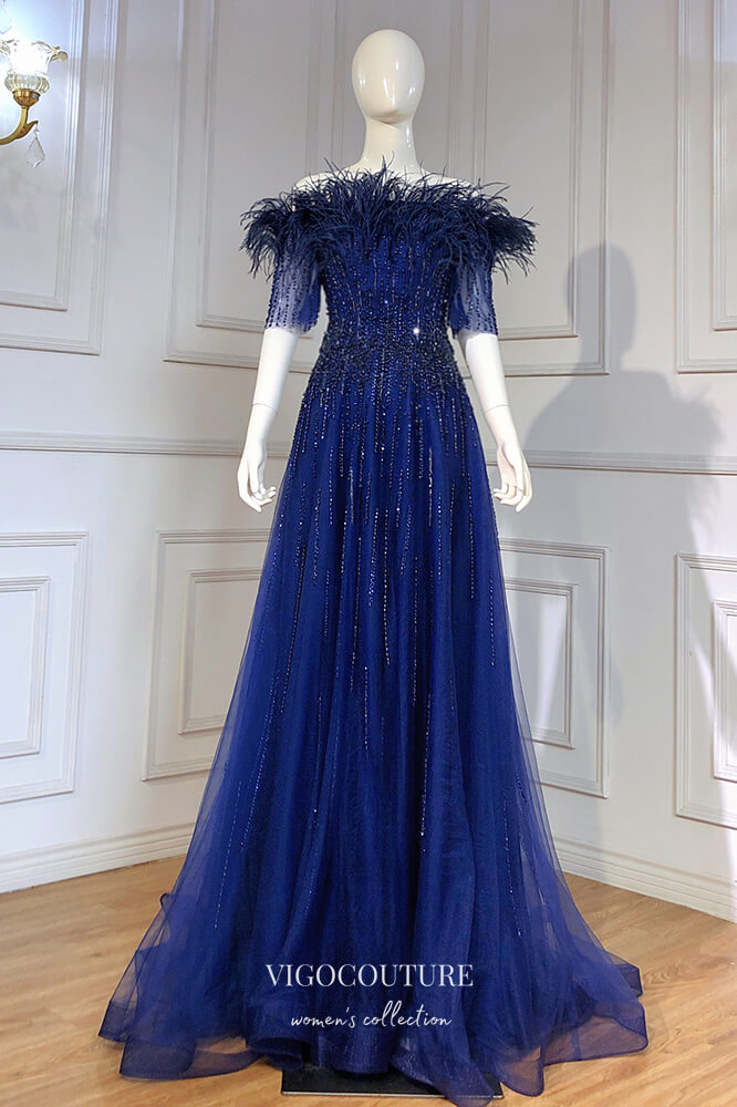 Prom Dress 2025 Beaded Feather Formal Dresses Short Sleeve Prom Dress 21622-unique elegant Prom Dresses-Blue-US2-vigocouture