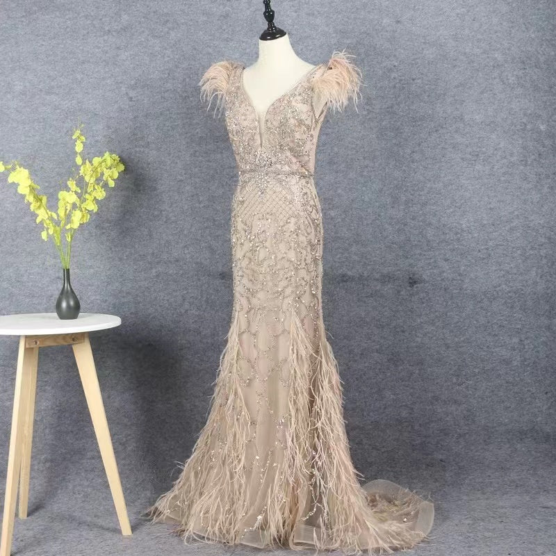 Prom Dress 2025 Beaded Feather Formal Evening Dress 20202-unique elegant Prom Dresses-Khaki-US2-vigocouture