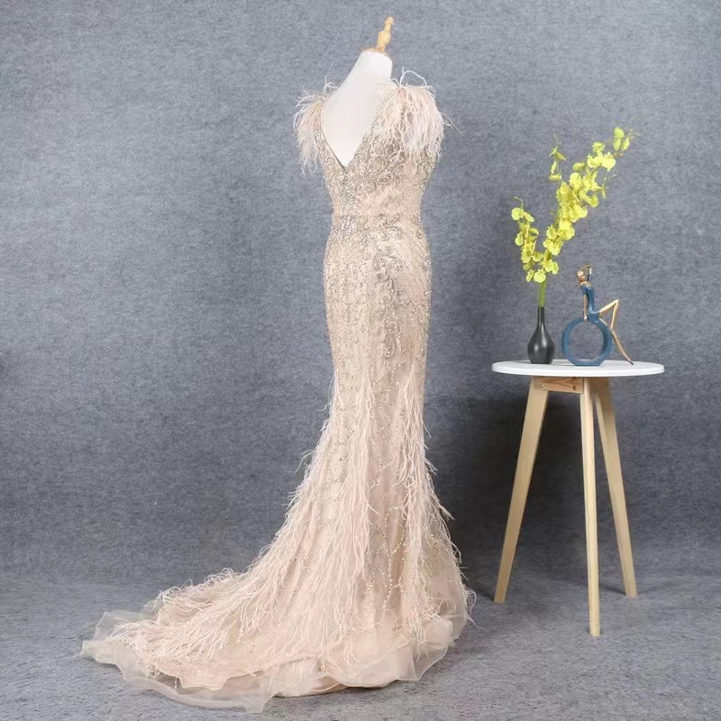 Prom Dress 2025 Beaded Feather Formal Evening Dress 20202-unique elegant Prom Dresses-Khaki-US2-vigocouture