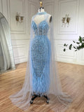 Prom Dress 2025 Beaded Feather Mermaid Pageant Dresses Removable Cape Sleeve Mother of the Bride Dress 25025-unique elegant Prom Dresses-As Pictured-US2-vigocouture